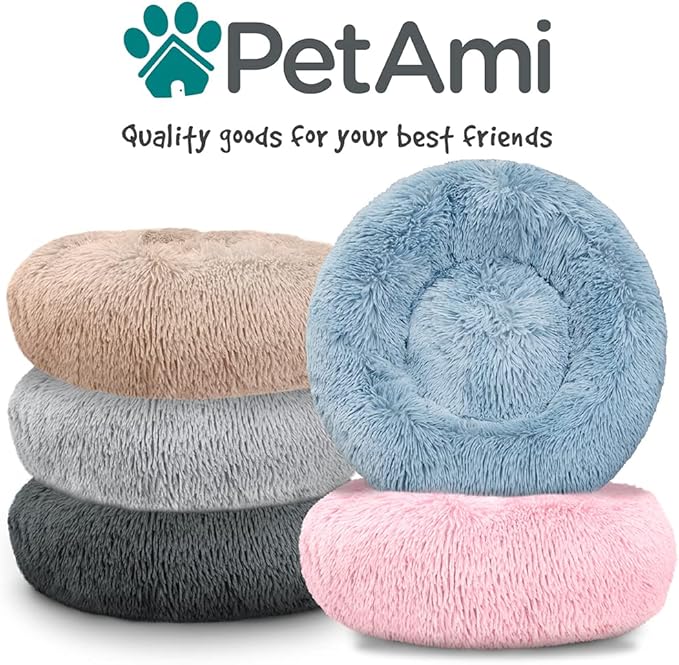 PetAmi Calming Dog Bed for Small Medium Dog Cat, Round Donut Dog Bed Washable, Fluffy Faux Fur Plush Cuddler Pet Kitten Cushion Bed, Anti-Slip, Fits up to 25 lbs, 23 inch, Pink