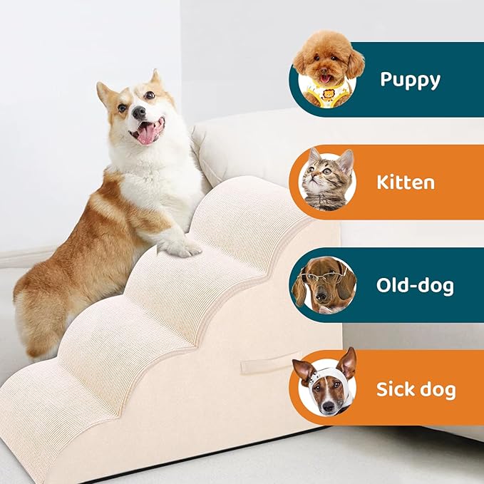 Steps for Small Dog, Dog Stairs for High Beds and Couch, 20" 4-Step High Density Foam Pet Stairs for Dogs Injured, Older Dogs Cats, Pet with Joint Pain (Beige)