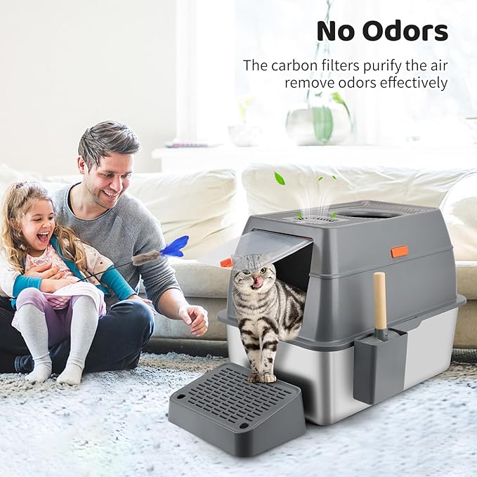 Stainless Steel Litter Box with Sifting Pan, XXL 23.6"L x 15.7"W x 17.7”H Enclosed High Sided Removable Metal Cat Litter Box withLid, Scoop, Anti-Leakage, Non-Sticky, Easy Cleaning (Dark Grey)