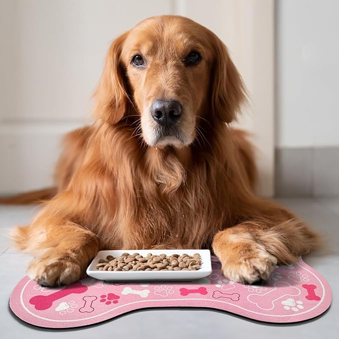 Dog & Cat Food Mat Bone Shaped Pet Feeding Mat Quick Absorb Water Bowl Placemat with Rubber Backing Indoor Floor Stain Resistant Pet Accessory Supplies (Light Pink Small, 12x18 Inches)