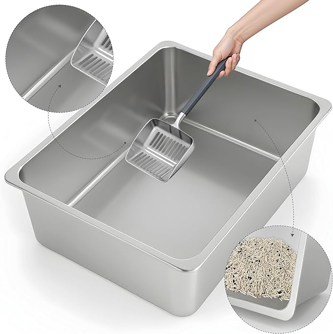 Kirecoo Stainless Steel Cat Litter Box, Large Metal High Sided Cat Pan Box, Indoor Litter Tray, Non Stick, No Smell, Easy to Clean, Pet Toilet Supplies for Cats