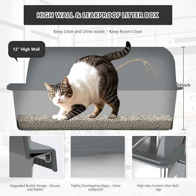 Stainless Steel Cat Litter Box with Lid Extra Large Metal Pan Tray with Enclosed High Sides for Big Cats Multi-Cat, XL Non-Stick Anti-Leakage Easy Cleaning Includes Scoop(Dark Grey)