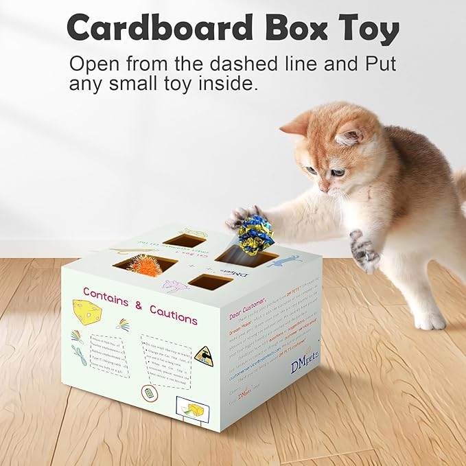 Migipaws Automatic MigiBox Plus Cat Toys 3 n1 Interactive Pounce Mystery Under PopSkin 12 Holes Cardboard Kitten Toys for Indoor Rechargable 8 Accessories(Yellow)