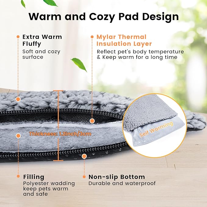 Dog Bed Mat Self Heating Pad for Large Medium Dogs, Dog House Bed Crate Pad for Sleeping Self Warming Pet Bed Puppy Blanket with Removable Washable Cover, Grey 48 Inches