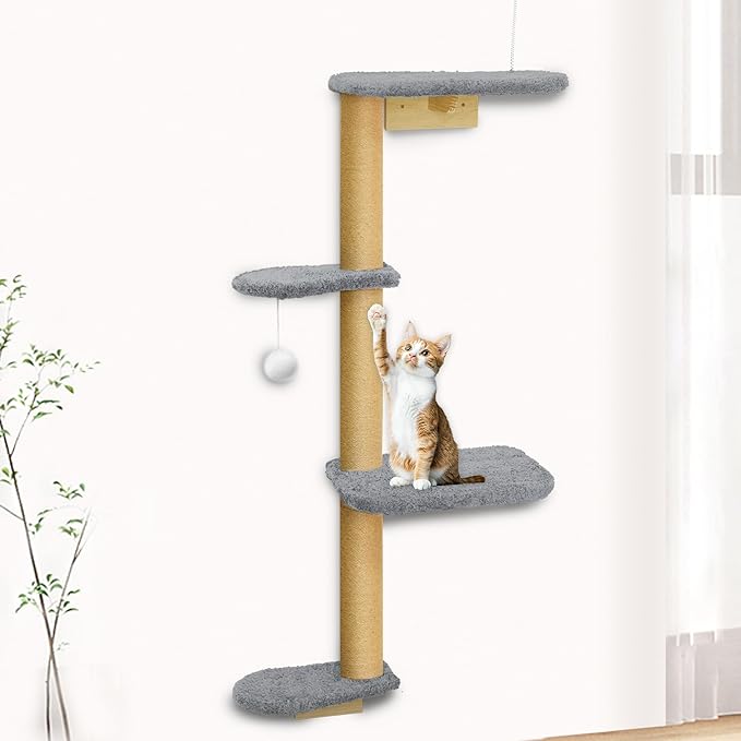 Wall Mounted Cat Wall Shelves and Climbing Tree for Kittens, 4-Tier Adjustable Cat Furniture for Indoor Cats Under 30lbs, with Grey Plush Platforms