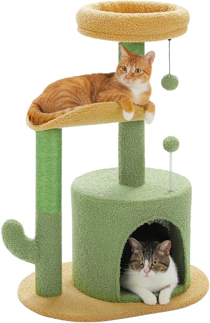 PAWZ Road Cactus Cat Tree Small Cat Tower 32” Cat Scratching Post with Curved Perch, Cozy Cat Condo, Removable Padded Top Bed for Kittens and Indoor Cats-Green