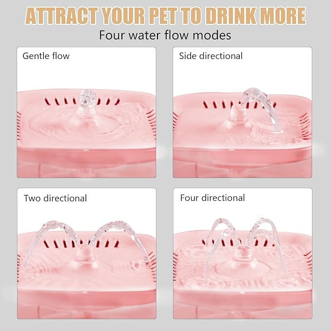 Cat Water Fountain - BOODIDI Ultra Silent Pet Drinking Fountain for Cats and Small Dogs, Indoor Water Fountain, 2.4L/2.5QT Capacity, with Replacement Filters (Pink)