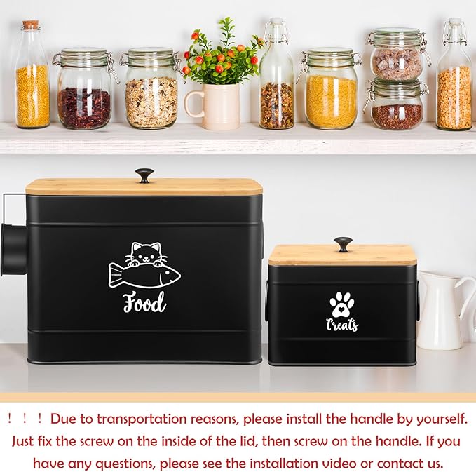 Extra Large Metal Cat Food Containers Airtight 12+3.5 lbs Cat Treat Snack Jars Set of 2 with Bamboo Lids and Spoons Farmhouse Big Pet Cookie Storage Jars for Kitchen Counter Gifts(Black)