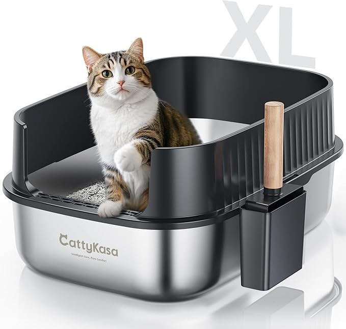 Stainless Steel Large Cat Litter Box, 23.6''×16.9''×10.6'' XXL Cat Litter Box with High Sides,Easy to Clean,Non-Sticky,Leak and Splash Proof(Gray),with Cat Litter Scoop.