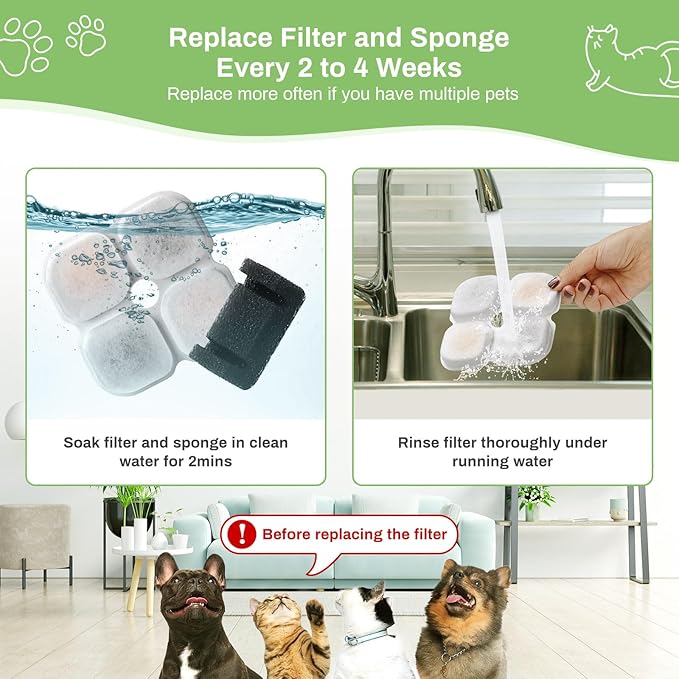 12 Set Cat Water Fountain Filter Replacement for 101oz/3L Crystal Cat Fountain, GISOFIK Pet Fountain Filter, Triple Filtration Replacement Filters (12 Filters, 12 Sponges)