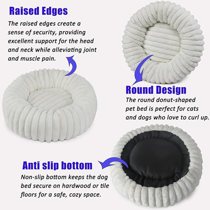 Donut Small Dog Bed Washable - Dog Beds for Small Dogs and Cats with Corduroy Fleece & Anti Slip Bottom, Calming Round Faux Fur Cute Pet Bed for Puppy Kitten, Cream, 23x23x6 inches
