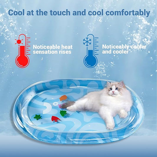 DHorse Pet Water Bed,Thickened Sensory Water Playmat for Dogs Cats with Fish Toys,Cooling Mat,Puncture Proof Cooling Mat,Washable Inflatable Playmat,Summer Indoor Interactive Pet Toys (Blue B,Medium)