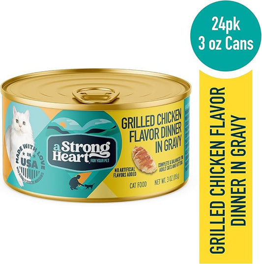 A Strong Heart Canned Wet Cat Food, Grilled Chicken Flavor in Gravy - 3 oz Cans (Pack of 24), Made in The USA with Pieces of Real Grilled Chicken