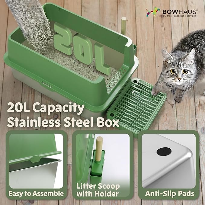 XL 3 in 1 Enclosed Extra Large Metal Litter Box w/Lid, Stainless Steel Cat Litter Box, Odorless Steel Litter Pan, Anti-Leakage & Easy Clean, High Sided Metal Litter Box w/Scoop, Beige
