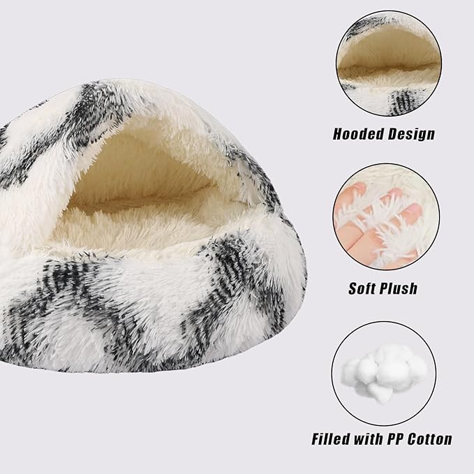 Round Hooded Cat & Dog Bed with Cover Cave, Faux Fur Cuddler, Self Warming Donut Bed (Grey White, 20" x 20")