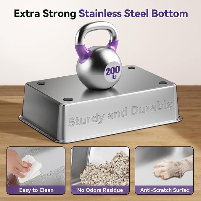 Stainless Steel Litter Box with Lid, Cat Litter Box Enclosure XL Odor-Proof with Litter Mat, Covered Litter Box Rust-Resistant Durable for Big Cat, Easy Clean 37L Capacity (Dark Purple)