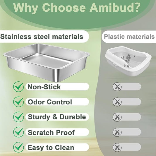 Stainless Steel Cat Litter Box for Kitten, Metal Litter Pan Tray for Rabbits Hamsters, Easy to Clean Cat Toilet Supplies-17.72''Lx 13.78'' W x4'' H