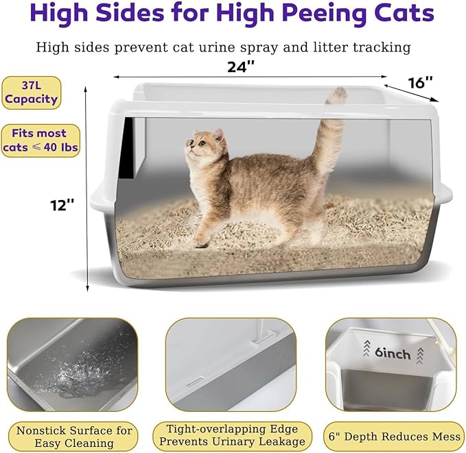 Stainless Steel Litter Box with Lid, 24" XL Extra Large High-Sided Metal Cat Litter Box for Multiple Cats,Anti-Leakage & Non-Stick, Easy to Clean, Includes 2 Scoops&Deodorizer Box, White