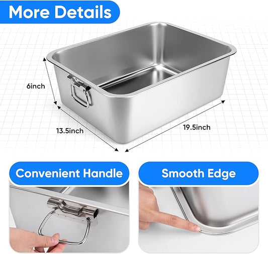 Stainless Steel Litter Box with Handle for Cat and Rabbit, 19.5" L x 13.5" W x 6" H, Odor Control Litter Pan, Fold-able Feeding Plate, Non Stick Smooth Surface
