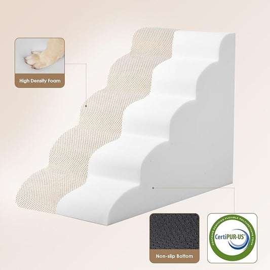 EHEYCIGA Curved Dog Stairs Ramp for High Beds 22.6" H, 5-Step Dog Steps for Small Dogs and Cats, Pet Stairs for High Bed Climbing, Non-Slip Balanced Pet Step Indoor, Beige