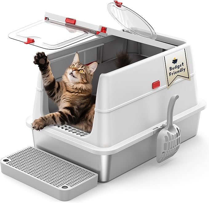 Stainless Steel Litter Box: Enclosed Cat Litter Box with Flip Lid Self Cleaning and High Sided Top Entry Design, XL Extra Large Metal Kitty Litter Pan Tray for Big Cats, Built-in Carbon Filter Pouch