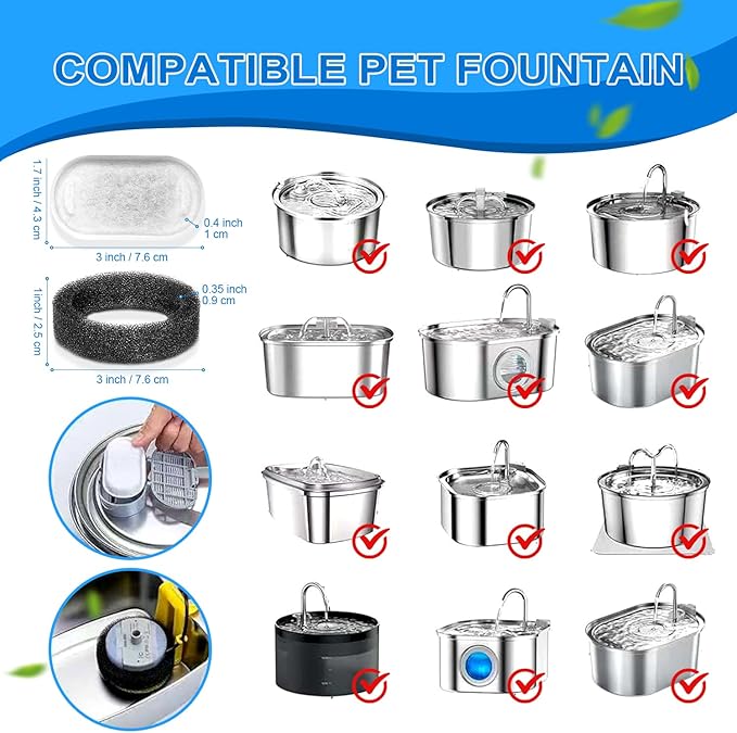 Cat Water Fountain Filters, 40 Pack Cat Replacement Filters for Stainless Steel 108oz/3.2L& 67oz/2L adjustable Flow Pet Water, Dog Fountain Filter(20 + 20 Pack)