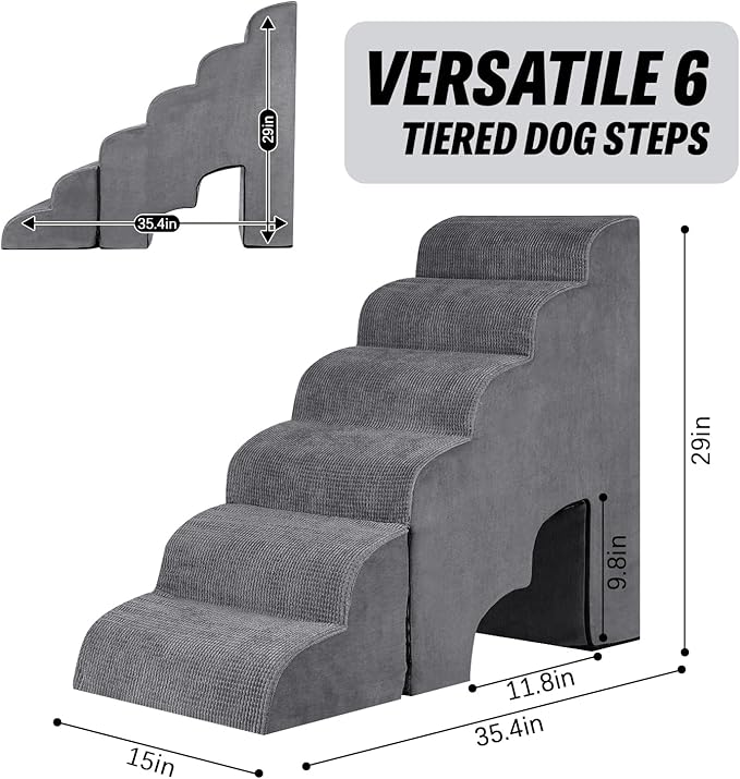 6 Step Dog Stairs&Steps 29 Inches Tall Up to 29-32 Inches High Bed, Dog Ramp Cat Stairs Pet Ladder for Small Medium Dogs, Doggie, Old Cats, Kitty, Grey