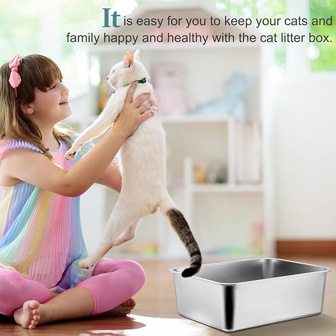Gerrii 3 Packs Extra Large Stainless Steel Litter Box for Cat with High Sides, Non Stick Smooth Surface, Easy to Clean for Cat Bunny(23.6 x 15.7 x 7.9'')