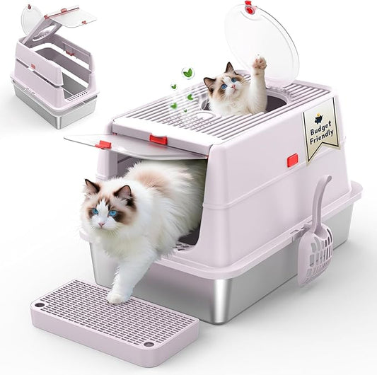 Stainless Steel Cat Litter Box with Lid, 180° Flip Top Kitty Litterbox, XL High Sided Enclosure Litter Pan for Big Cats, Front & Top Entry, Anti-Leakage, Odor-Free, Easy Clean, Includes Scoop Mat