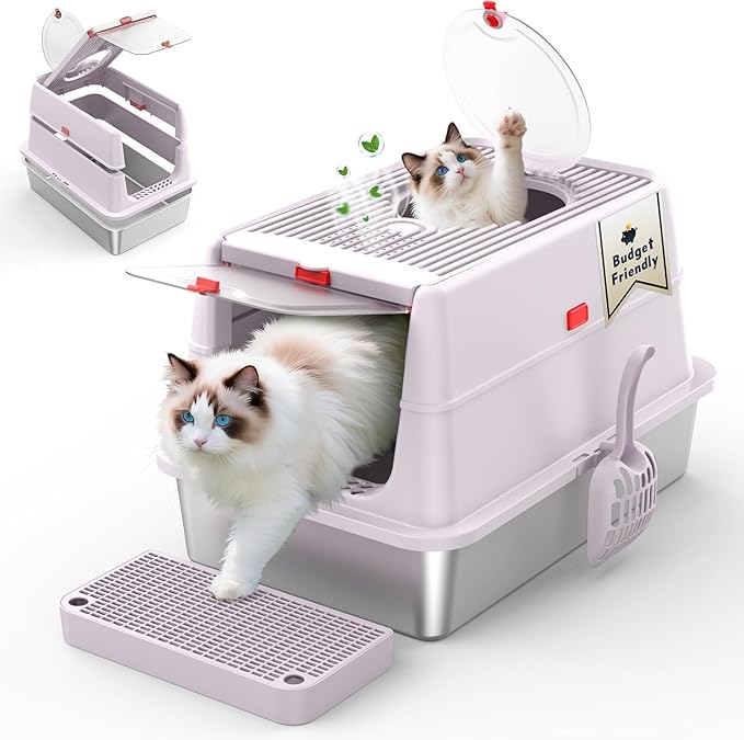 Stainless Steel Cat Litter Box with Lid, 180° Flip Top Kitty Litterbox, XL High Sided Enclosure Litter Pan for Big Cats, Front & Top Entry, Anti-Leakage, Odor-Free, Easy Clean, Includes Scoop Mat