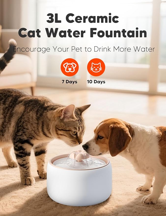 WOPET Ceramic Cat Water Fountain W03 Lite,3L/101oz Ceramic Pet Fountain,Automatic Water Fountain for Cats & Dogs, Fashion Cat Fountain with Ultra-Quiet Pump and Filter & Sponge White Orange