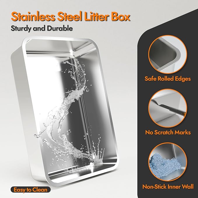 Stainless Steel Cat Litter Box with Lid, 20" L x 14.2" W x11.8 H, Large Cat Litter Box for Multiple Cats with High Sided, No-Leak & Stick, Easy to Clean, Includes Litter Mat & Multi Functional Scoop