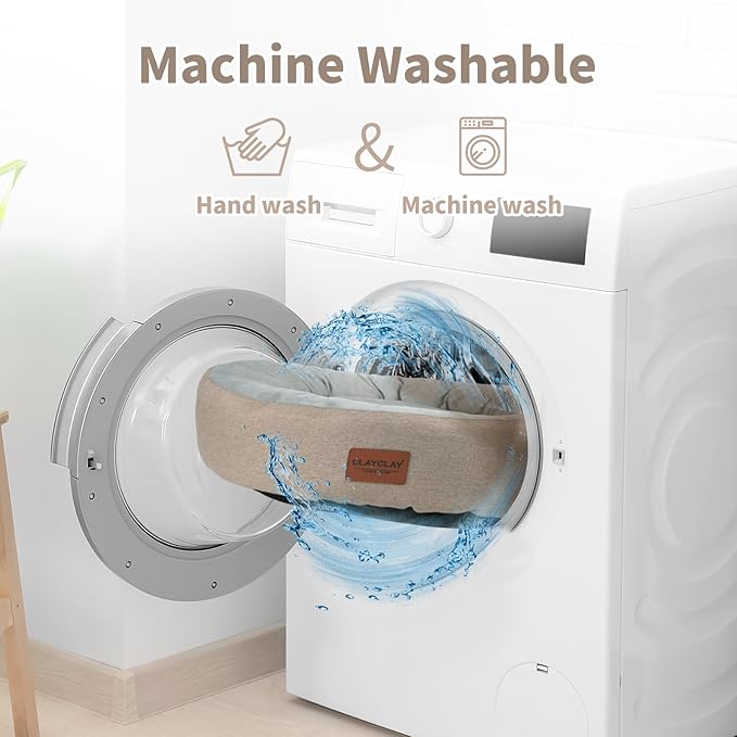 Cozy Round Cat Bed – Soft, Comfortable Cushion for Cats & Kittens – Non-Slip, Machine Washable, Plush Sleep Bed for Cats, Ideal for Resting & Napping (Khaki & Small)