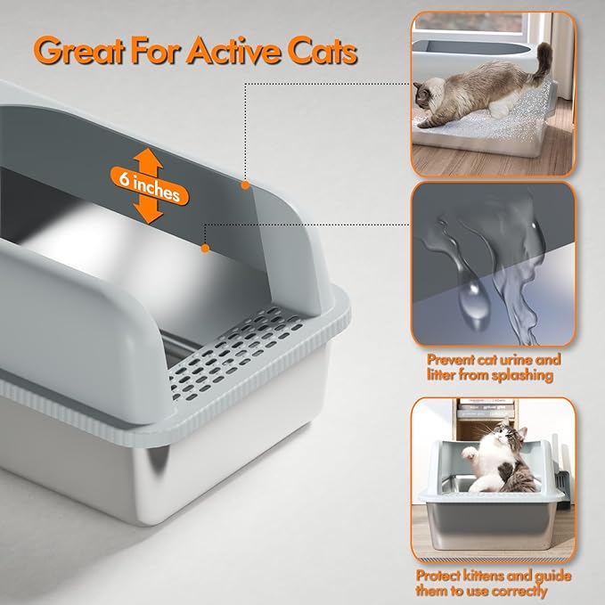 Stainless Steel Cat Litter Box with Lid, 20" L x 14.2" W x11.8 H, Large Cat Litter Box for Multiple Cats with High Sided, No-Leak & Stick, Easy to Clean, Includes Litter Mat & Multi Functional Scoop