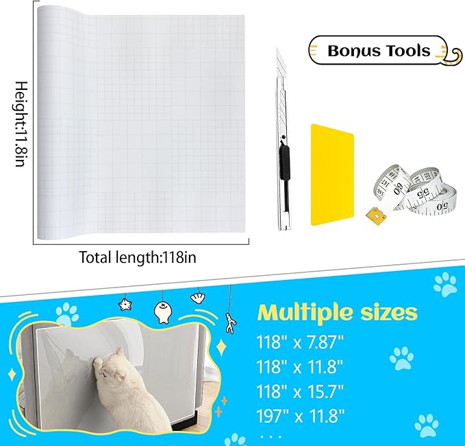 Anti Cat Scratch Furniture Protector, Couch Cat Scratch Protector, Furniture Protectors from Cats for Couch,Walls, Doors-with Pocket Knife, Scraper, Tape(11.8" x 118")