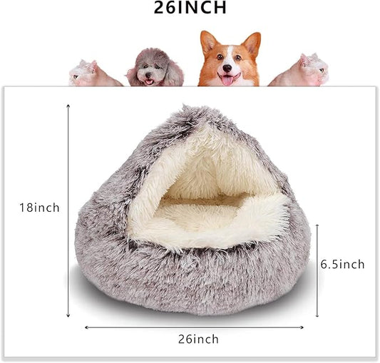 ShinHye Cat Bed Round Plush Fluffy Hooded Cat Bed Cave, Cozy for Indoor Cats or Small Dog beds, Soothing Pet Beds Doughnut Calm Anti-nxiety Dog Bed - Waterproof Bottom Washable (26×26inch, Coffee)