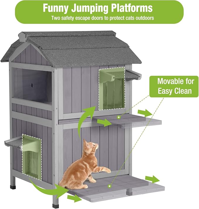 GUTINNEEN Outdoor Cat House Weatherproof Feral Cat Shelter with Escape Doors - 2-Story(AIR94)