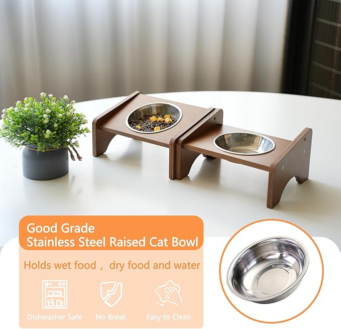 Elevated Stainless Steel Raised Food and Water Bowls, 15 Tilted Anti Vomiting, Dishwasher Safe, Non-Slip, Suitable for Cats and Puppies (Brown) - 2 Pack