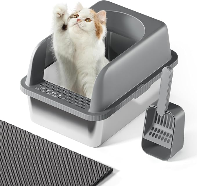 Stainless Steel Cat Litter Box with Lid, 20" L x 14.2" W x11.8 H, Large Cat Litter Box for Multiple Cats with High Sided, No-Leak & Stick, Easy to Clean, Includes Litter Mat & Multi Functional Scoop