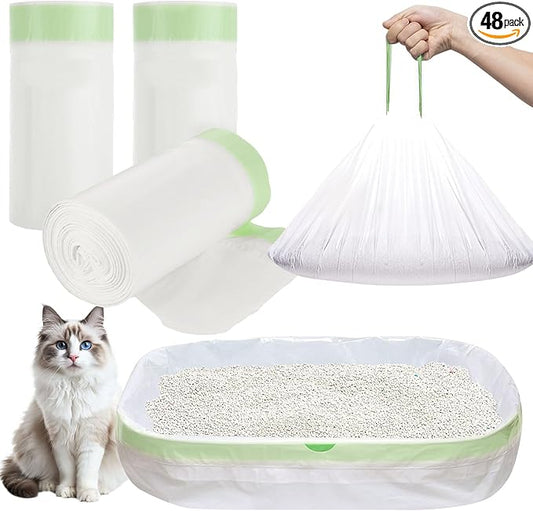 48 Count 37x17 Inch Large Cat Litter Bags Disposable Cat Litter Liners Drawstring Jumbo CatS Litter Box Liners Extra Thick Cats Liner For Litters Box Bags Heavy Duty Cats Pan Liners