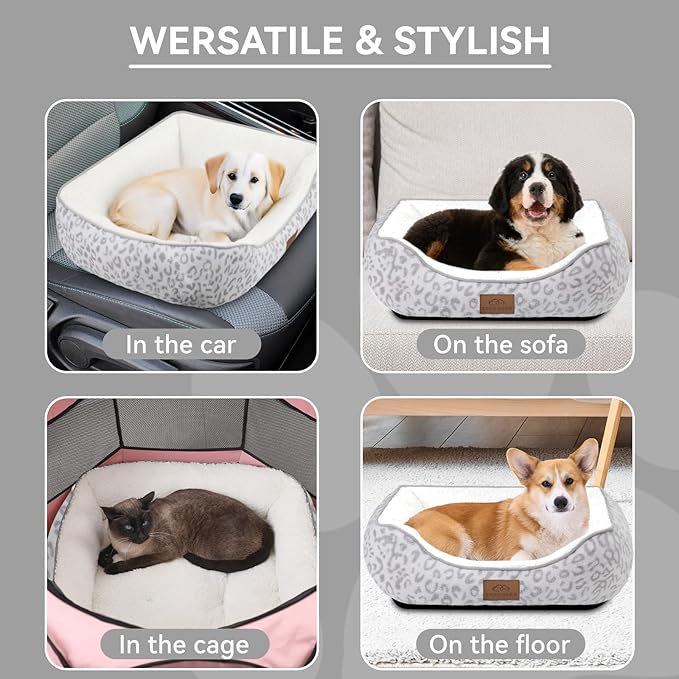 Rectangle Cat Dog Bed for Large Medium Small Pets Indoor Outdoor Machine Washable Sleeping Sofa Non-Slip Bottom Soft Puppy Bed Durable Orthopedic Calming Pet Cuddler (Medium, White Leopard)