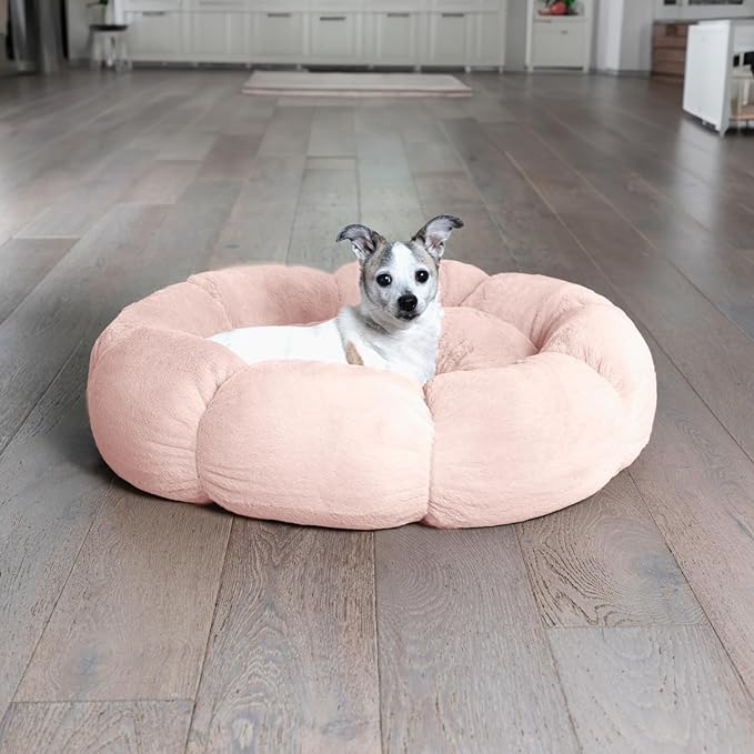 Sherry Kline Pets “Daisy Round” Donut Shape Calming Bed for Dogs and Cats, from Soft Faux Fur, Available in 4 Sizes, Machine Washable