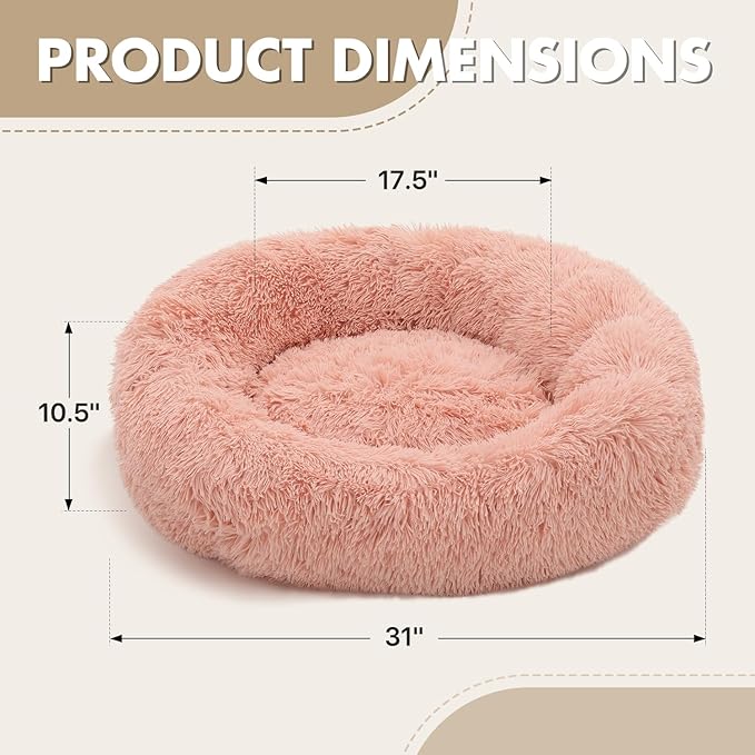 Athena Collection Washable Dog Bed Medium Size Dog, Cat Bed for Indoor Cats, 31 Inches Fluffy Faux Fur Round Pet Bed Calming Cozy Soft Warming Donut for Medium Puppy Kitten, Pink