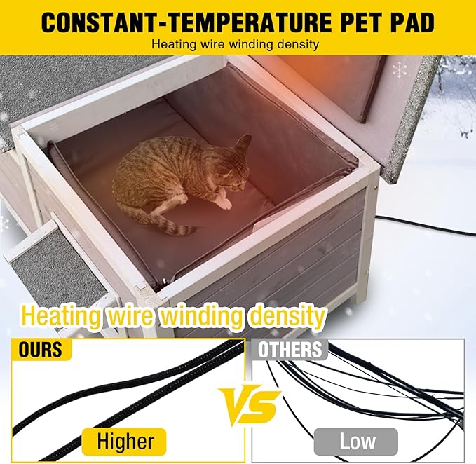 Aivituvin Heated Cat House for Outside with Insulated Liner in Winter, Weatherproof Outdoor Cat House with Anti-Bite Cable, Wooden Kitten Condo for 1-4 Cats