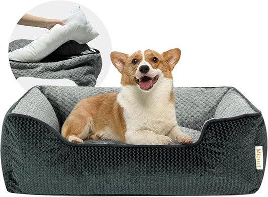 Miguel Removable Washable Dog Bed for Medium Dog - Rectangle Pet Bed for Large Cats with Zipper Cover Bolster Cuddle Puppy Bed with Supportive Side Wall Slip-Resistant Bottom, Dark Gray 30 Inch