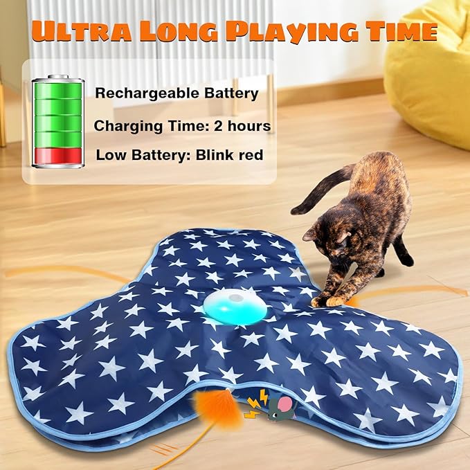 Cat Toys Interactive Hide and Seek with Chirping, Motion Activated Cat Exercise Catching Game Moving Concealed Feathers Hidden in Bag
