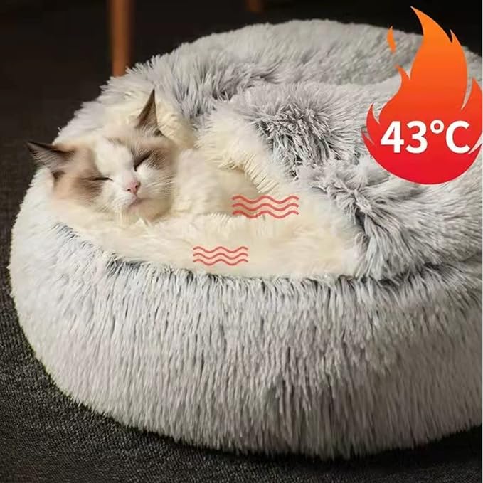 Cat Beds for Indoor Cats,Plush Hooded Cat Cave for Puppy Kitty Small Dog Bed,Removable Washable Non-Slip Bottom Self Warming Round Fluffy Faux Fur Super Soft Calming Sleeping Pet Bed(Gray)