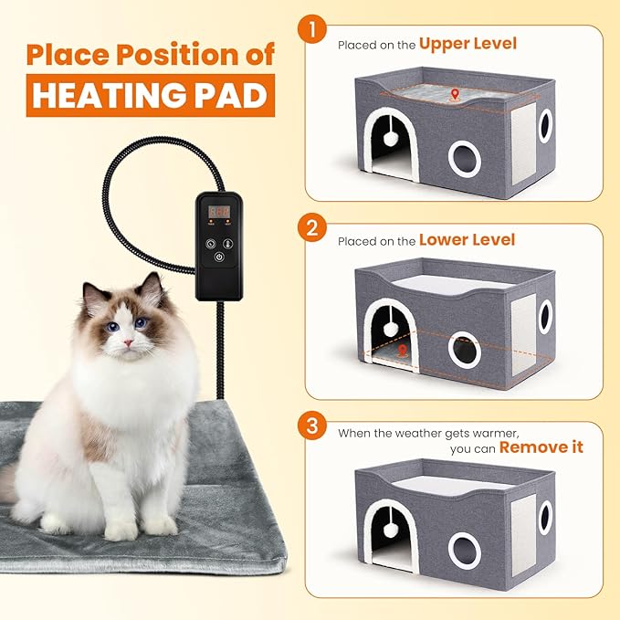 Indoor Heated Cat House, Adjustable Temperature Cat Heating Bed with Timer and Chew Resistant Cord, Large Cat House with Heating Pad for Small Medium and Large Cats
