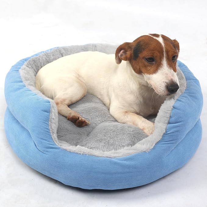 Dog Bed for Small Dogs Round Bed,Kitty Cat Beds for Indoor Cats Washable Cushion Beds Pet Sleeping Kitten Beds Extra Cozy Dog Cuddler Bed for Anxiety Puppy Calming Bed Resistant Bottom,Blue,19 inch