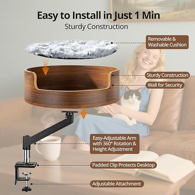 Cat Desk Bed Wood,Desk Cat Bed with 26lbs Strong Load-Bearing,Cats Bed for Desk 360° Adjustable Elevated & Thick Metal Stand,Stable and Safe,Suits Home Office and Gamer Closer to Cats-Walnut Finish